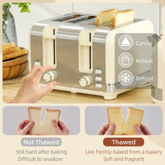 Close up of the cream toaster showing cancel, reheat, and defrost functions with bread examples
