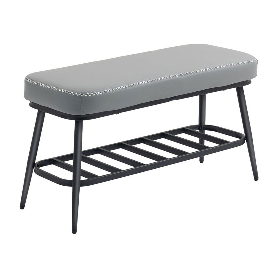 HOMCOM PU Leather Shoe Storage Bench with a grey padded seat and a black metal slatted shelf