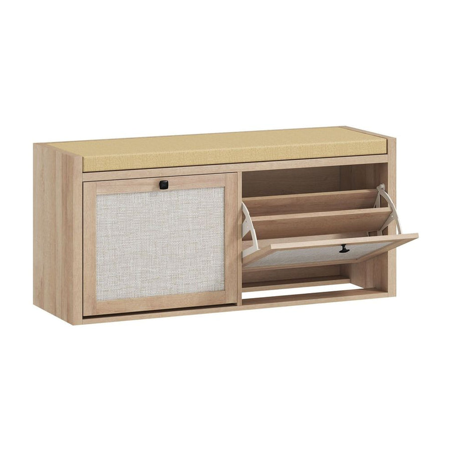 HOMCOM Rattan Shoe Bench with padded cushion and two cabinets