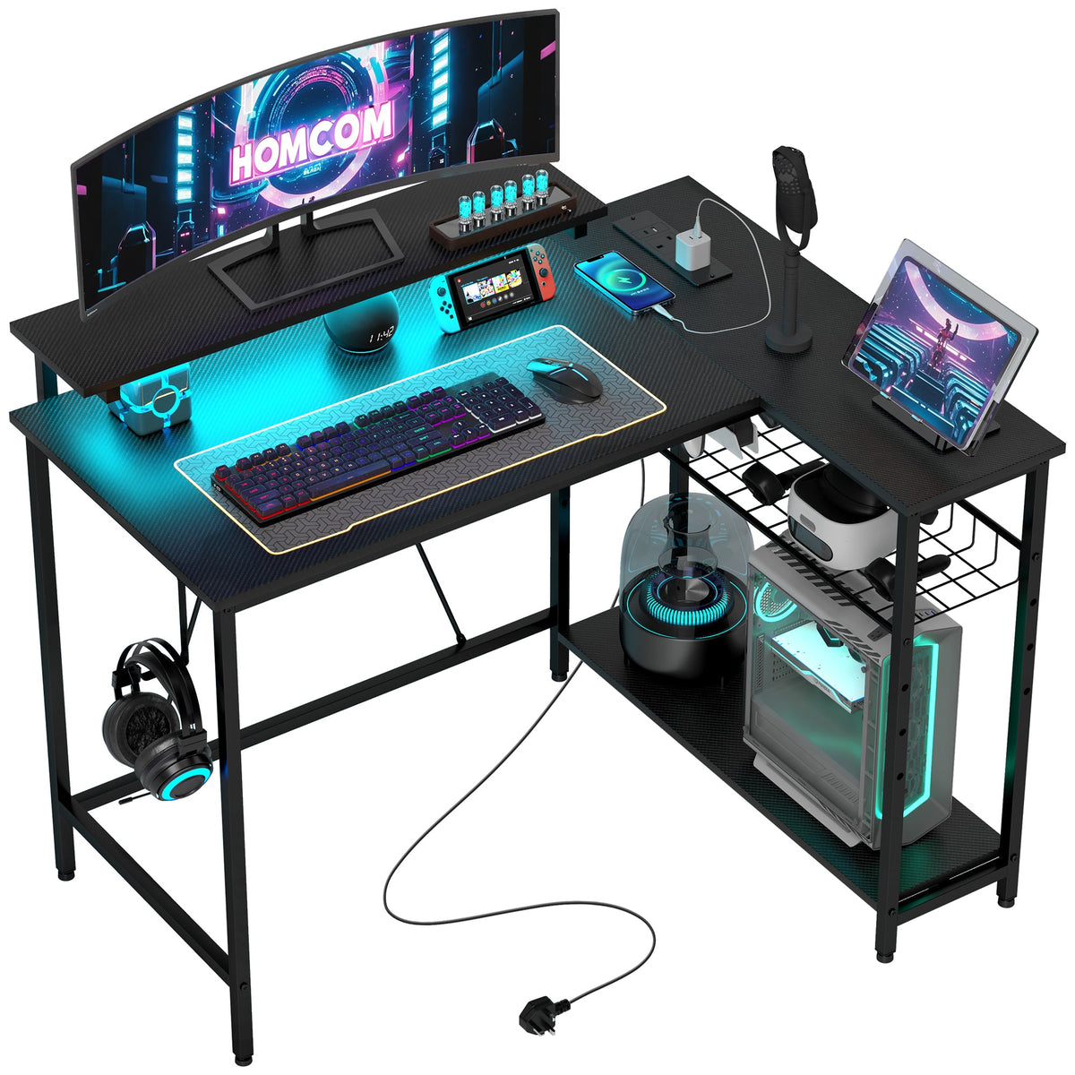HOMCOM Reversible 'L' LED Light Gaming/Work Desk in Black