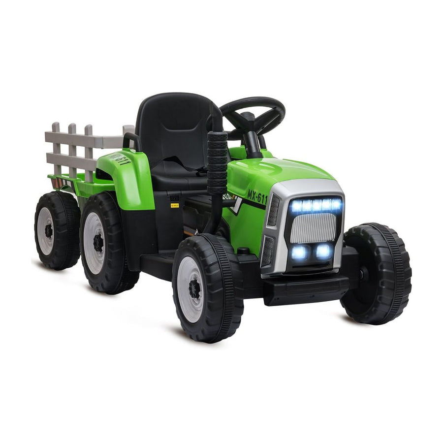 HOMCOM Ride On Tractor, a green electric toy tractor with a detachable trailer and working lights