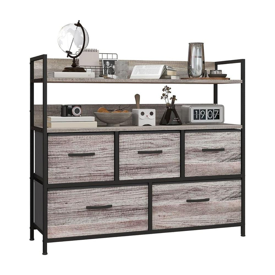 HOMCOM Rustic Chest of Five Fabric Drawers - Grey Wood Effect