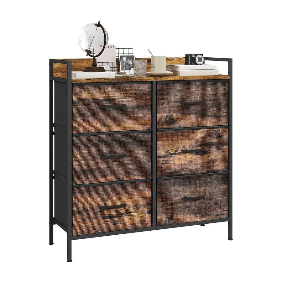 HOMCOM Rustic Chest of Six Fabric Drawers - Rustic Brown