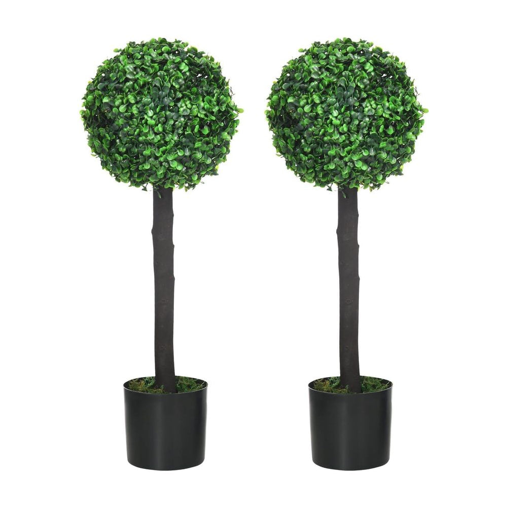 HOMCOM Set of 2 Artificial Plants Boxwood Ball Trees in Pot Fake Plants for Home Indoor Outdoor Decor, 20x20x60cm, Green