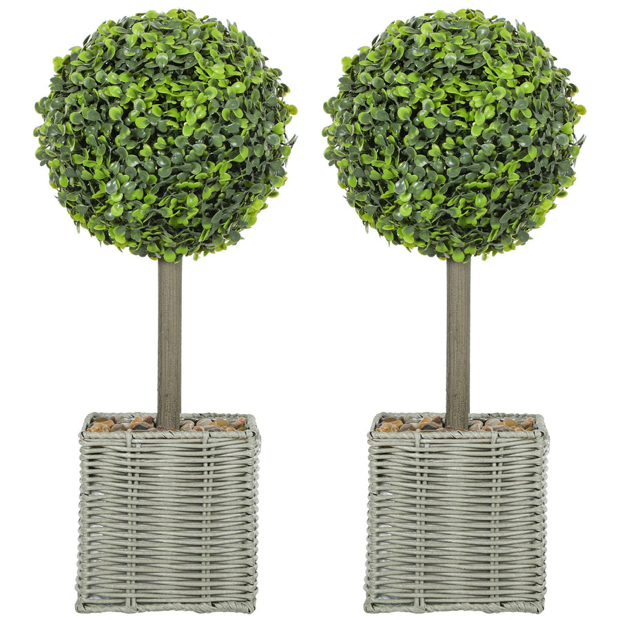 HOMCOM Set of 2 Decorative Artificial Plants, 50cm Faux Boxwood Topiary Balls with Woven Plastic Pot and Pebbles, Fake Plants