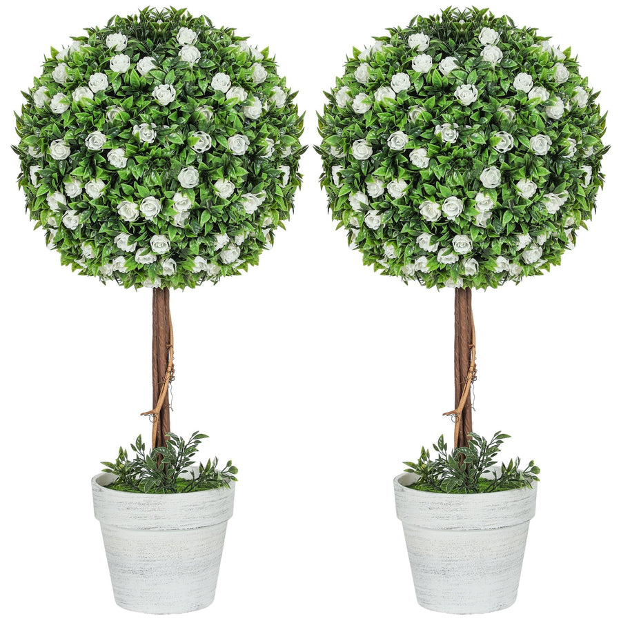 HOMCOM Set of 2 Decorative Artificial Plants, Ball Topiary Tree with Rose Flower in Pot, Fake Plants for Home Indoor Outdoor