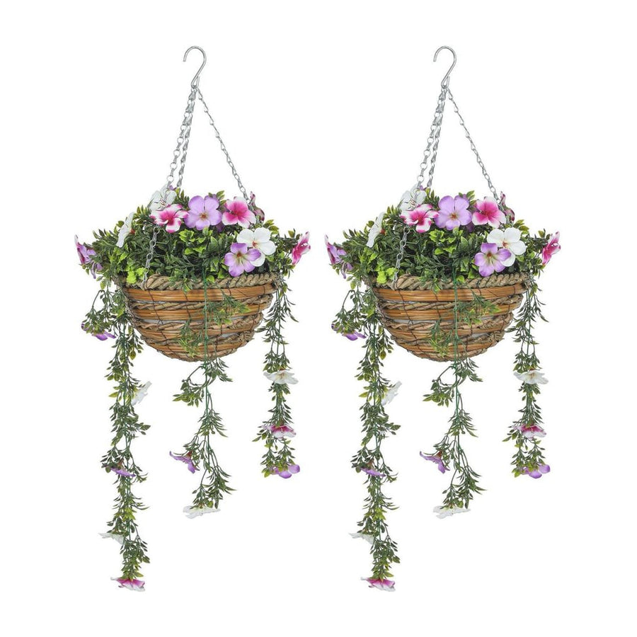 HOMCOM Set of 2 Decorative Artificial Plants, Faux Silk Azalea Flowers in Hanging Baskets, Fake Plants for Home Indoor