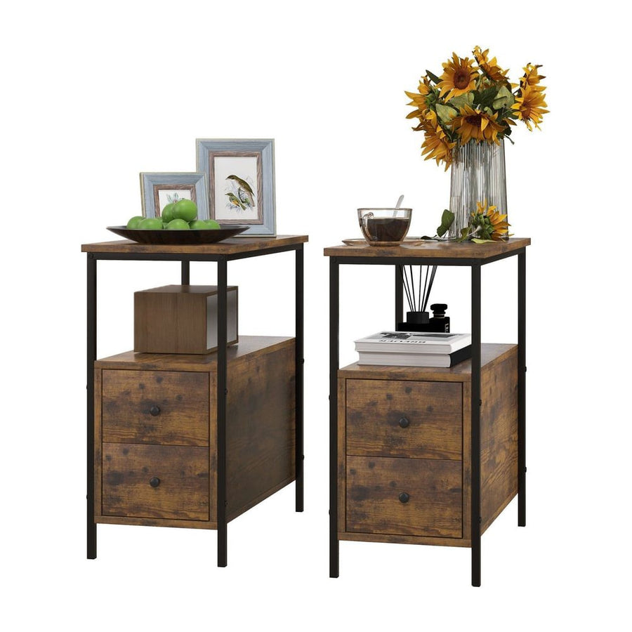 HOMCOM Set of 2 Side Table, Narrow Bedside Table with 2 Drawers and Storage Shelf, Industrial End Table with Metal Frame for