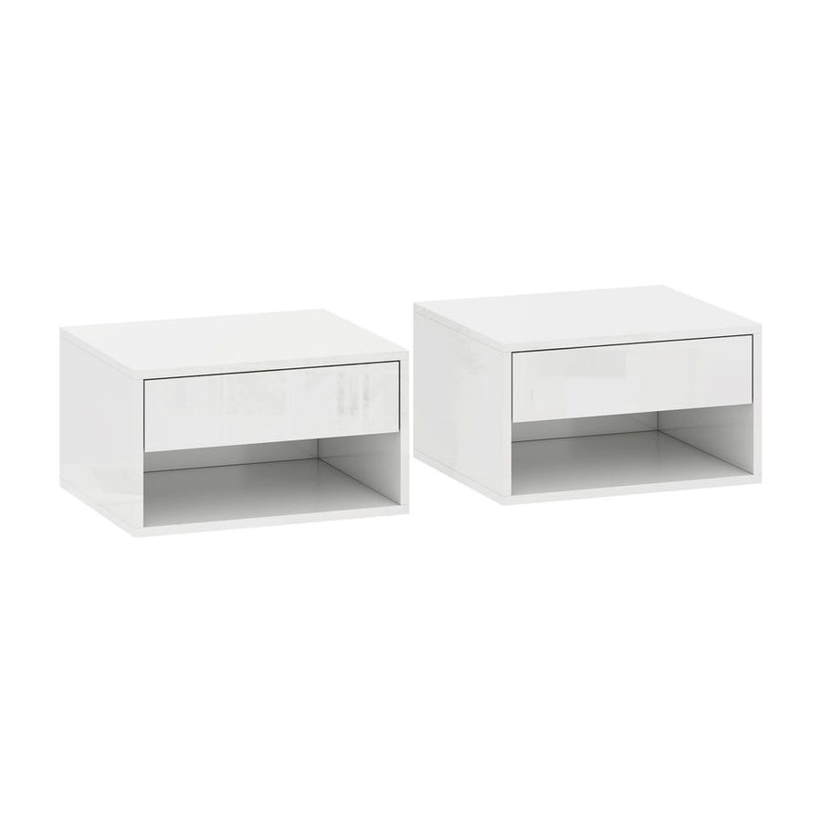 HOMCOM Set of Two Floating Bedside Tables, Wall Mounted Nightstand with Drawer and Open Shelf, High Gloss White
