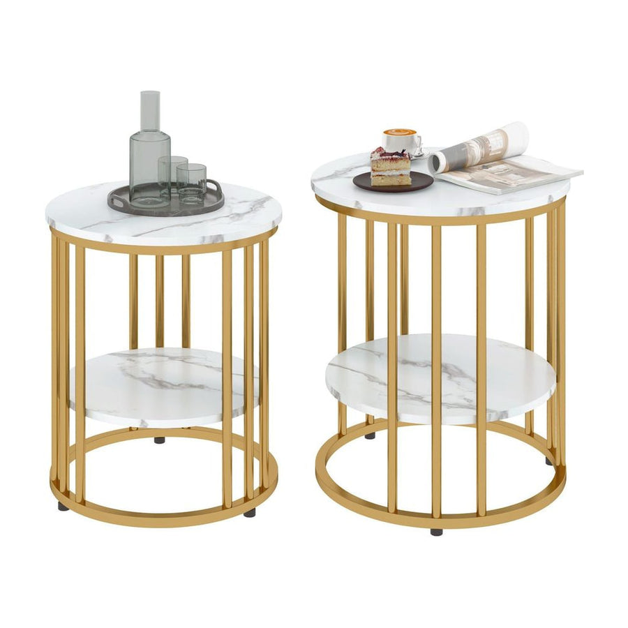 HOMCOM Set of Two Marble-Effect Coffee Tables - White/Gold-Tone