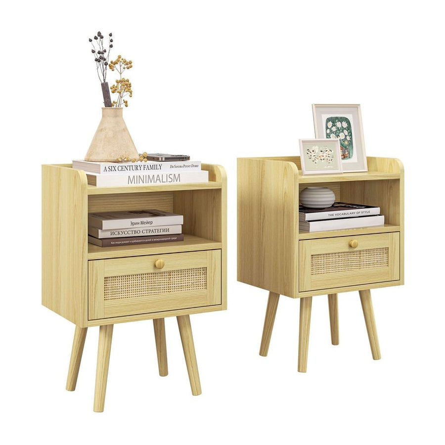 HOMCOM Set of Two Rattan Weave Bedside Tables - Wood Effect
