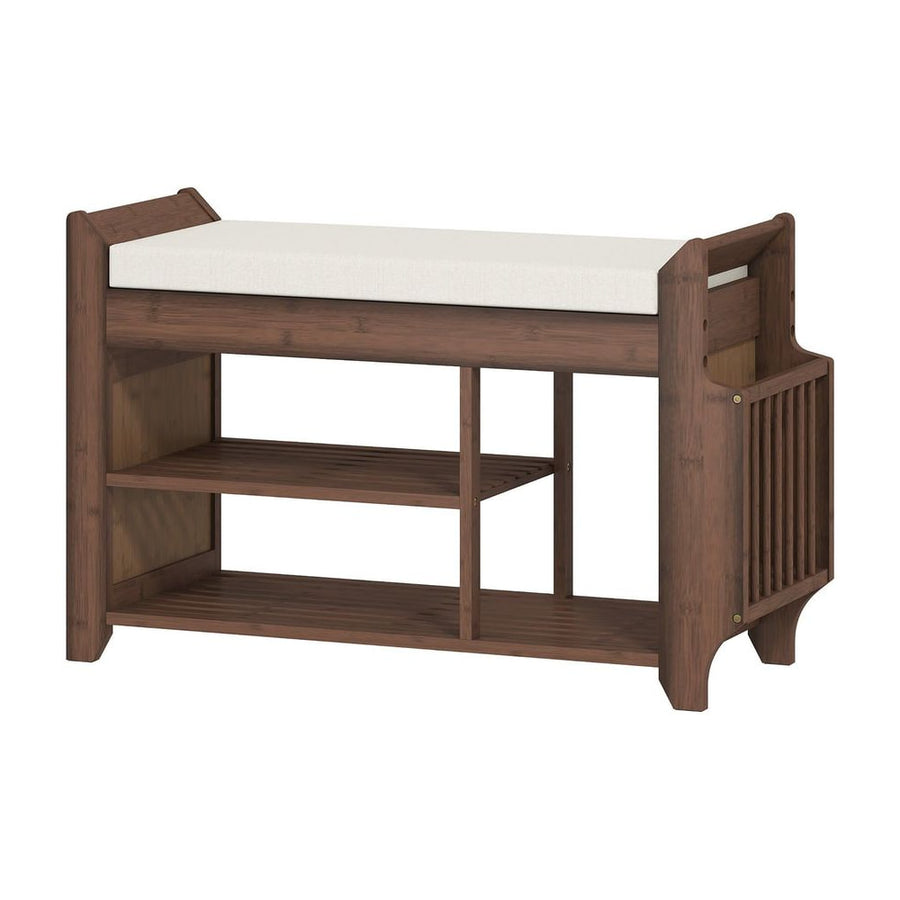HOMCOM Shoe Bench with a cushioned seat and two shelves below, dark brown frame and cream cushion