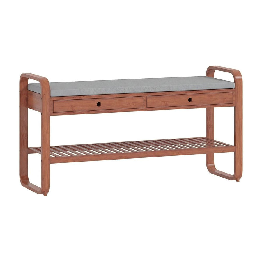 HOMCOM Shoe Bench with two drawers and a cushioned seat, featuring a slatted lower shelf