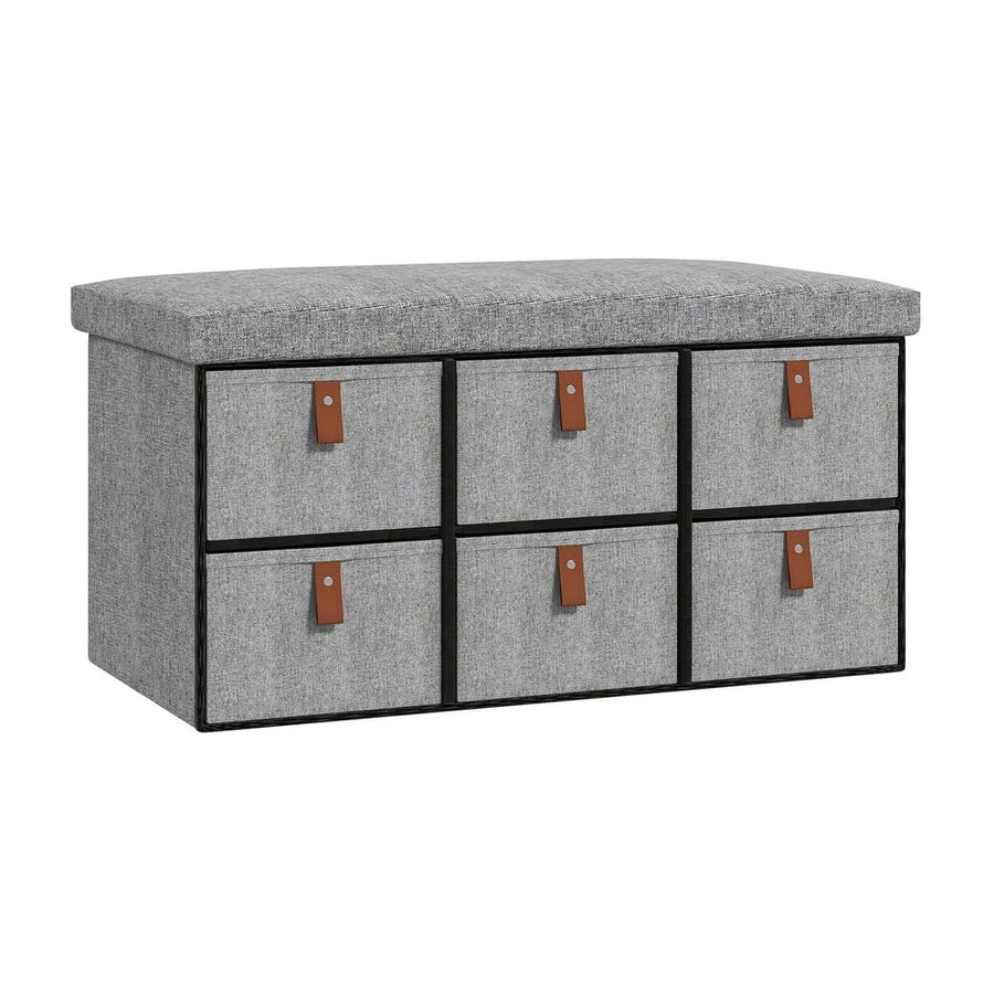 HOMCOM Shoe Bench with Seat, a light grey storage bench with a cushioned top and six fabric drawers