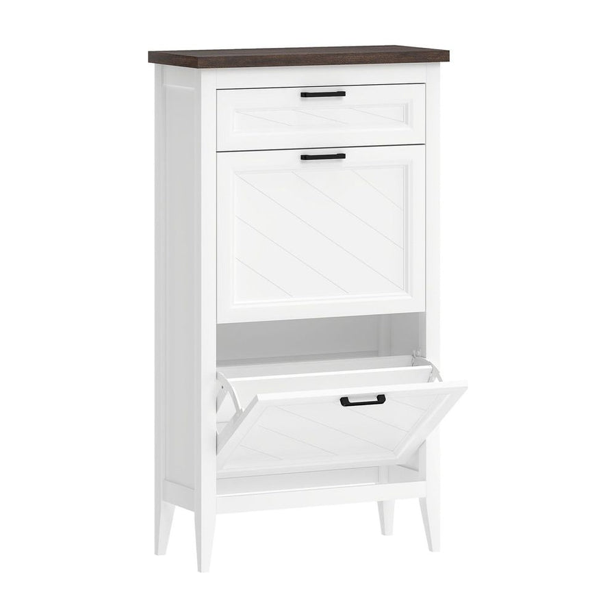 HOMCOM Shoe Cabinet with 2 Flip Drawers, a white cabinet with a dark wood top and two flip-down drawers