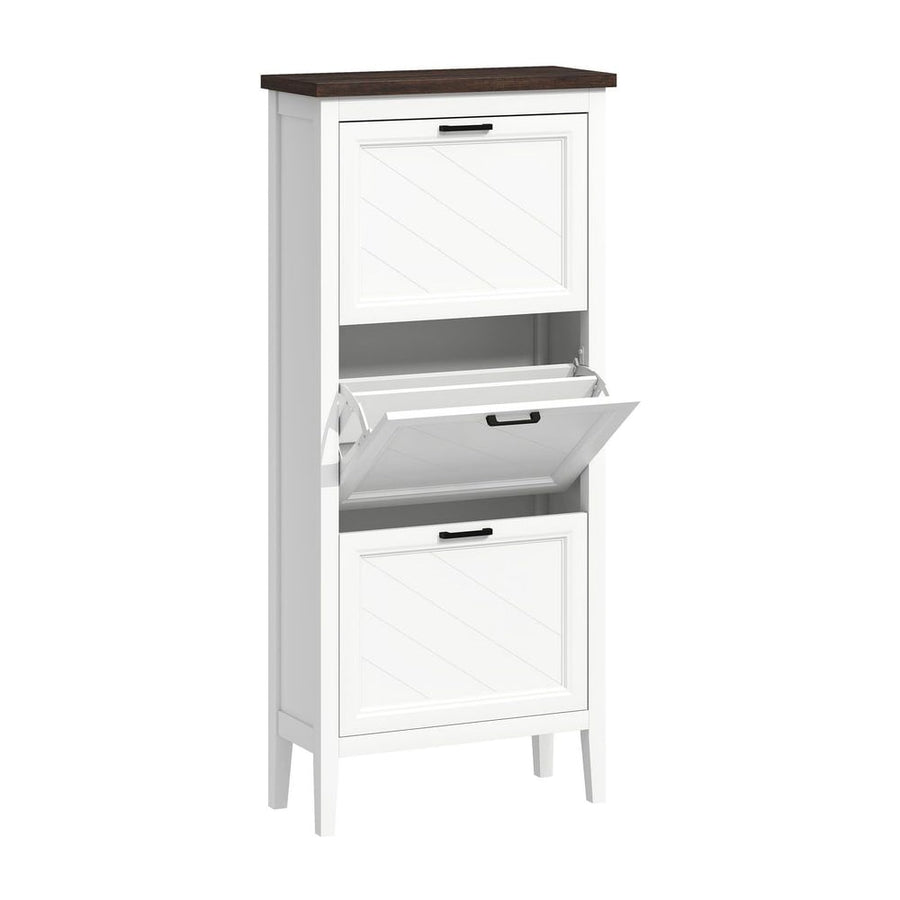 HOMCOM Shoe Cabinet with 3 Flip Drawers, a narrow white storage unit with a dark top and three flip-down drawers