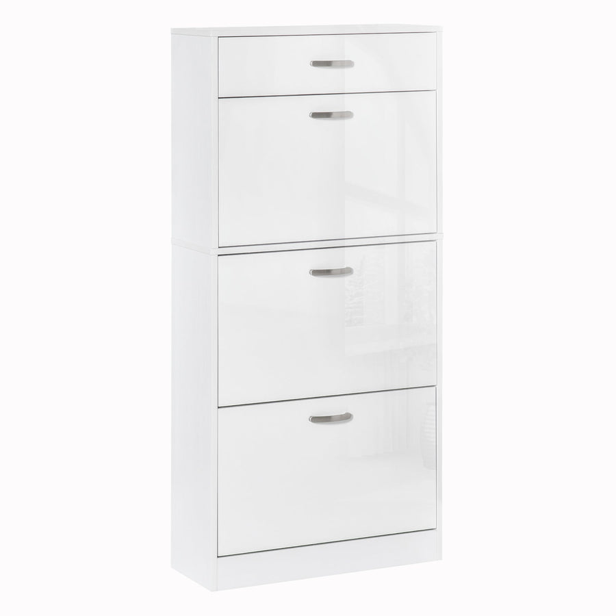 HOMCOM Shoe Cabinet with 3 Flip Drawers in white with a top drawer and glossy finish