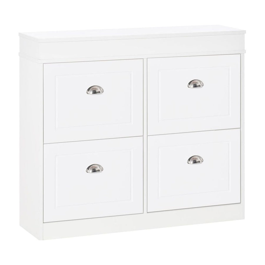 HOMCOM Shoe Cabinet in white with four closed flip drawers and silver metal handles