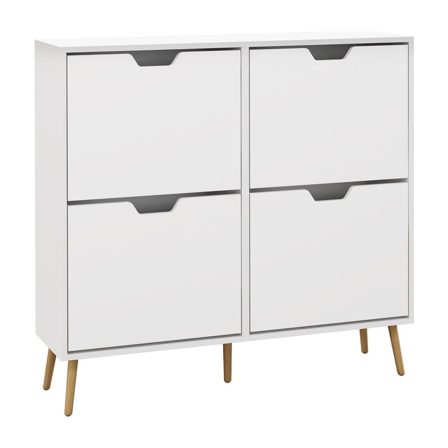 HOMCOM Shoe Storage Cabinet with four white flip drawers and wooden legs