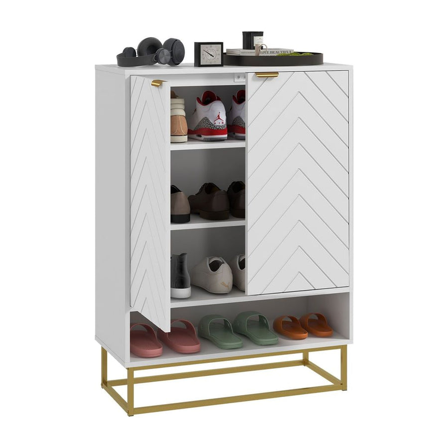 HOMCOM Shoe Storage Cabinet with chevron doors and a gold base, showing shoes inside