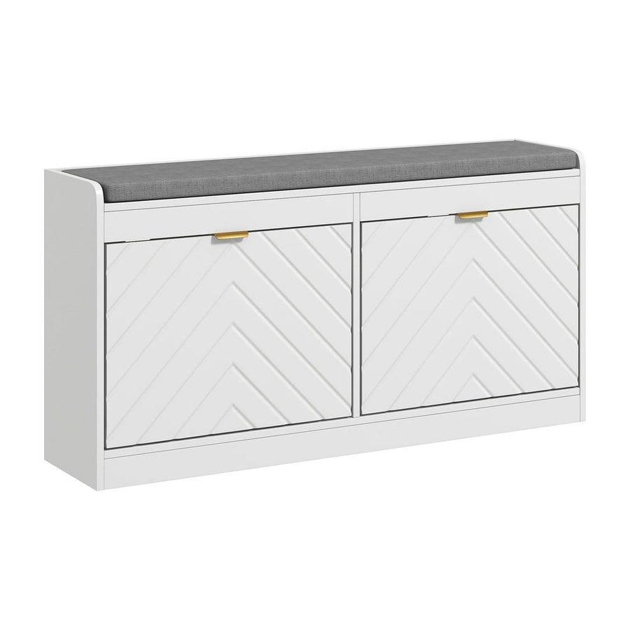 HOMCOM Shoe Storage with Seat featuring a grey padded cushion and two white chevron patterned doors