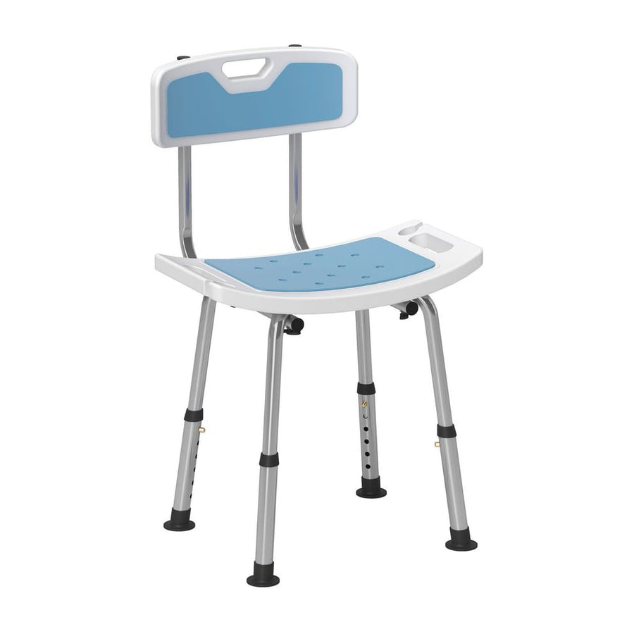 HOMCOM Shower Stool with Backrest, a light blue shower chair with a backrest and adjustable legs