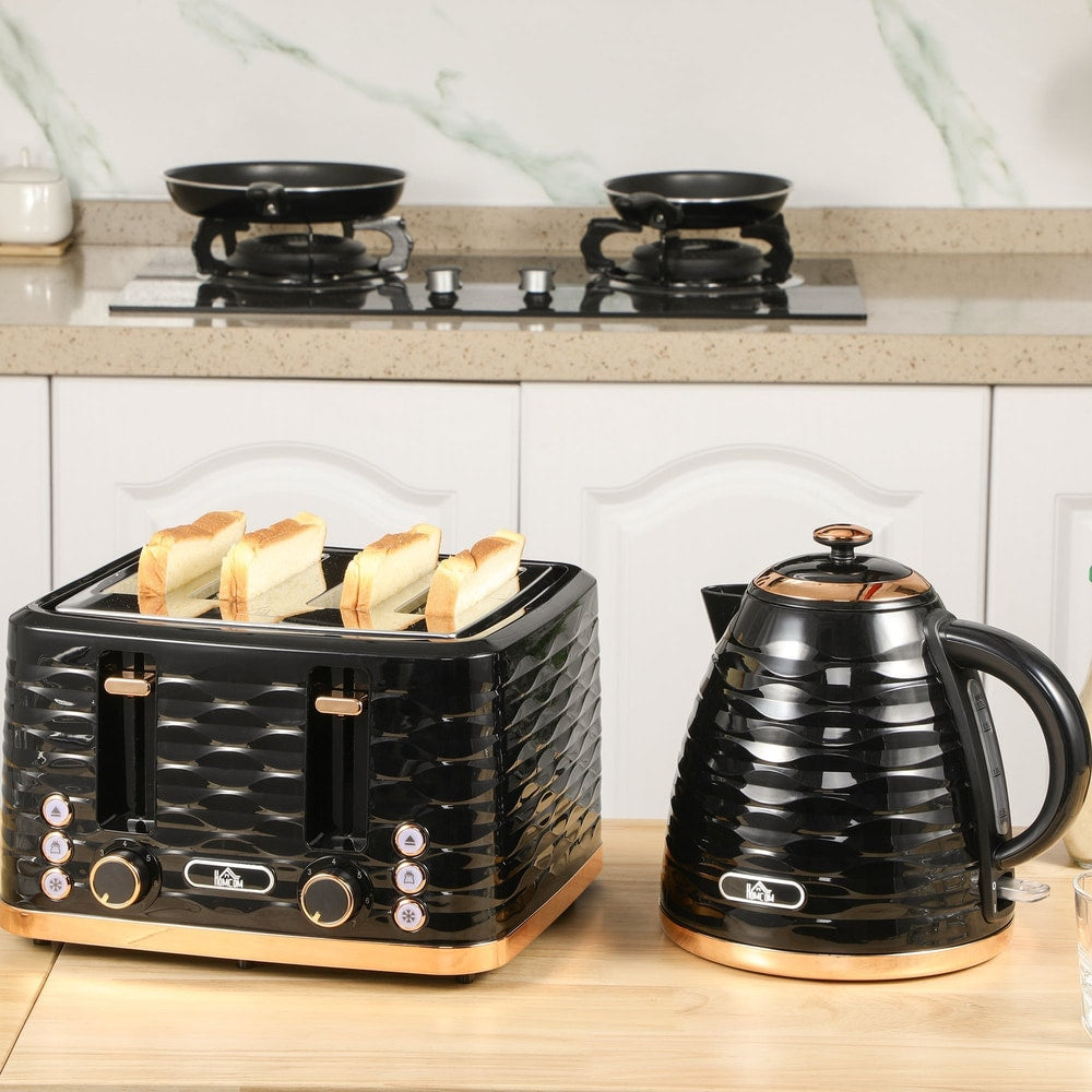 Black kettle and four-slice toaster set on a kitchen counter