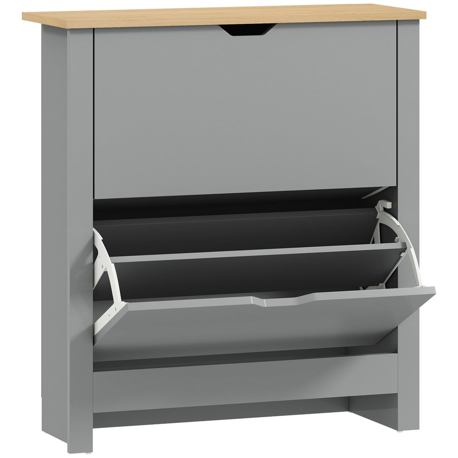 HOMCOM Slim Shoe Cabinet with two flip drawers and a wooden top surface