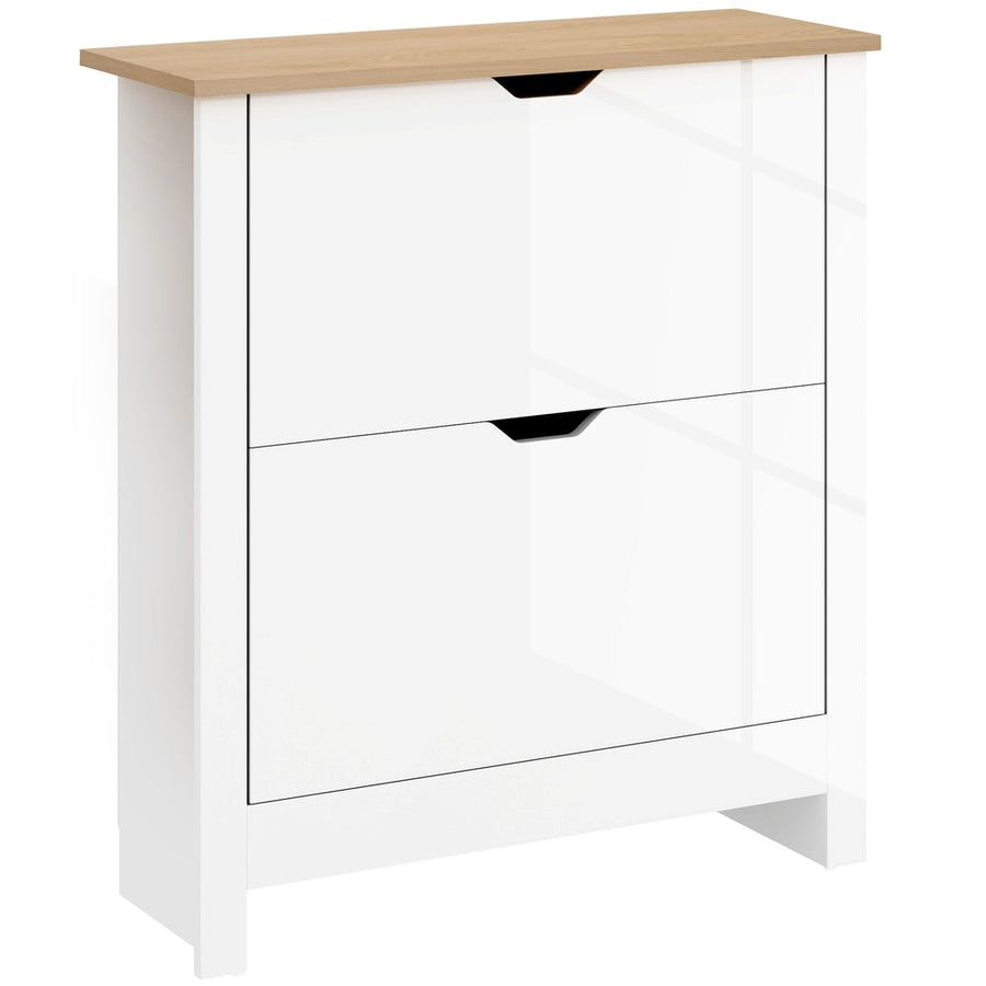 HOMCOM Slim Shoe Cabinet in high gloss white with a wood effect top and two flip drawers