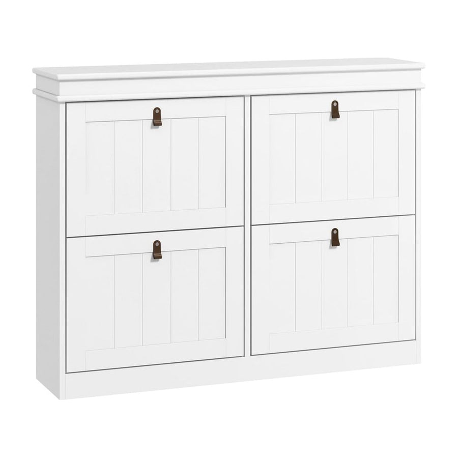 HOMCOM Slim Shoe Cabinet in white with four drop-down drawers and brown leather-look pull tabs