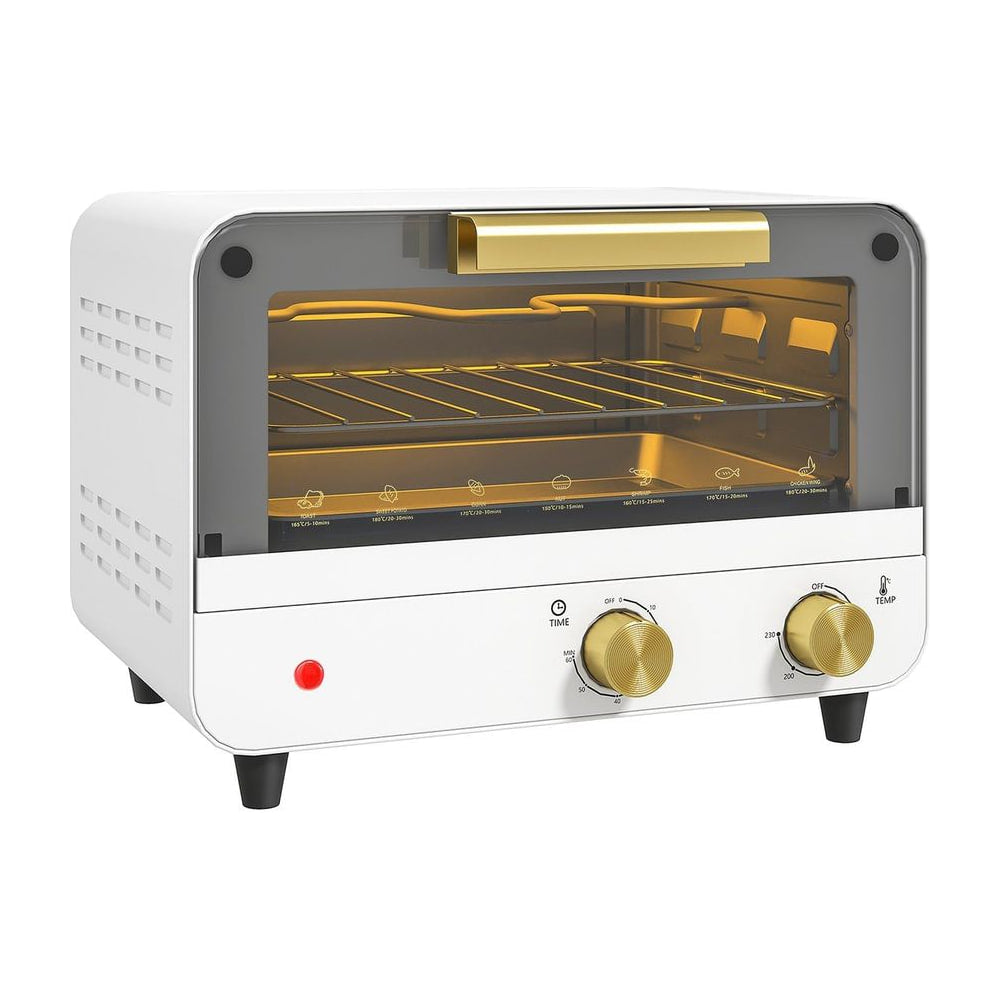 HOMCOM Small Toaster Oven, a white mini countertop oven with a glass door and gold handle