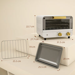 the white mini countertop oven displayed alongside its removable wire rack and baking tray