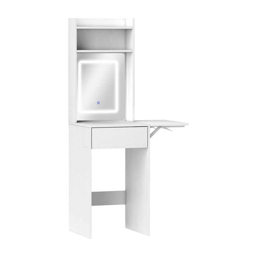 HOMCOM Small Vanity Desk with Mirror and LED Lights, Compact Dressing Table with Drop Leaf, Open Shelves and Drawer, White
