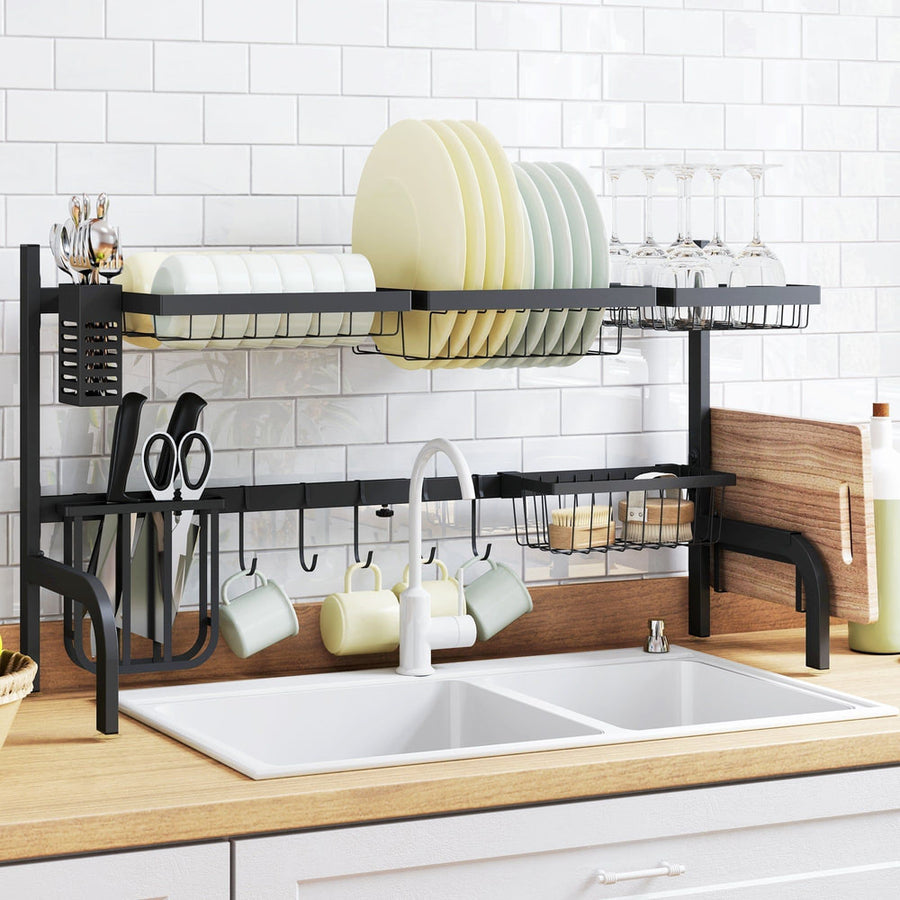 HOMCOM Space Saving 2 Tier Adjustable Dish Drainer Over The Sink in black, with dishes and cutlery drying
