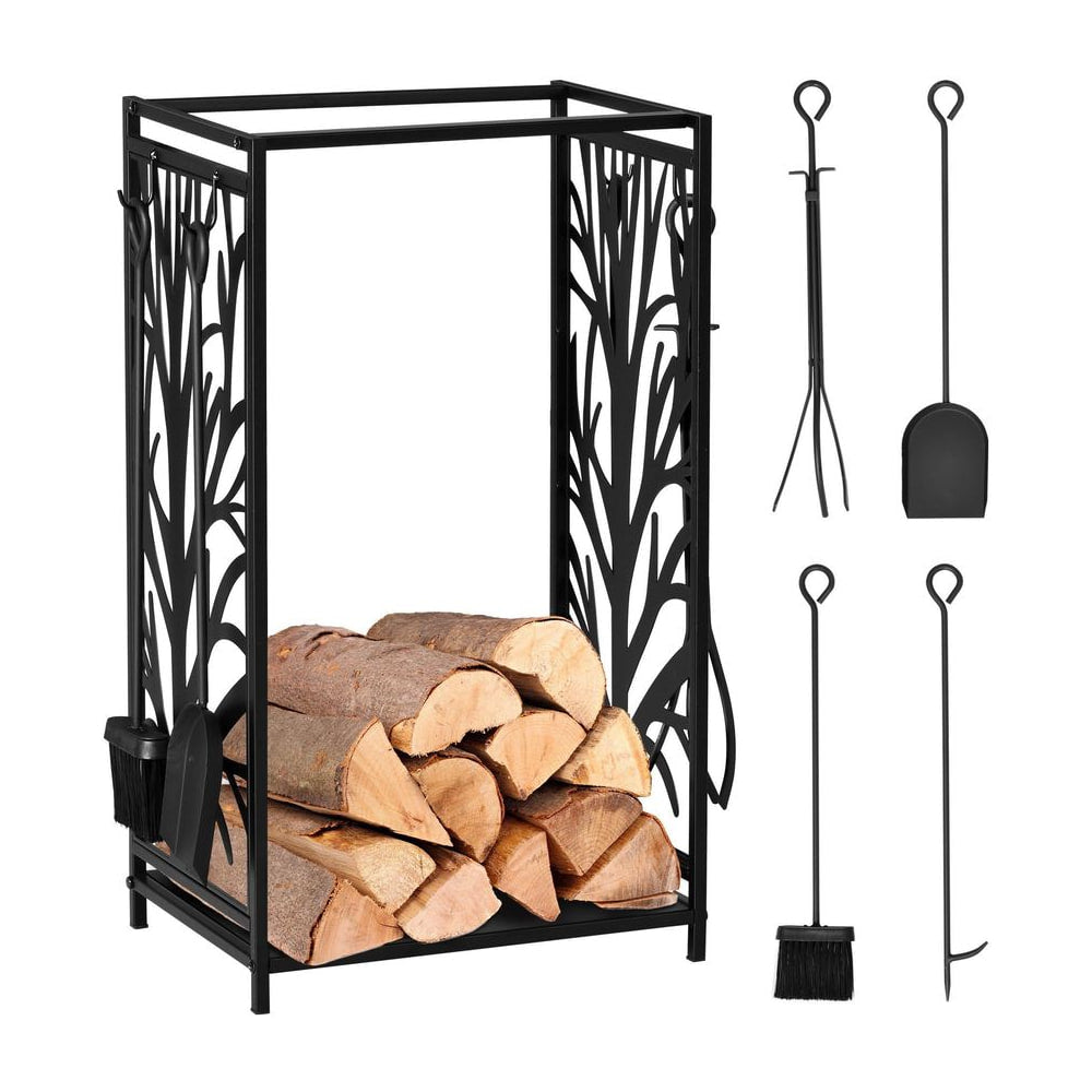 HOMCOM Steel Firewood Log Holder Indoor Outdoor Firewood Rack Fireplace Wood Storage Shelf with 4 Tools, Hooks, Tree Pattern