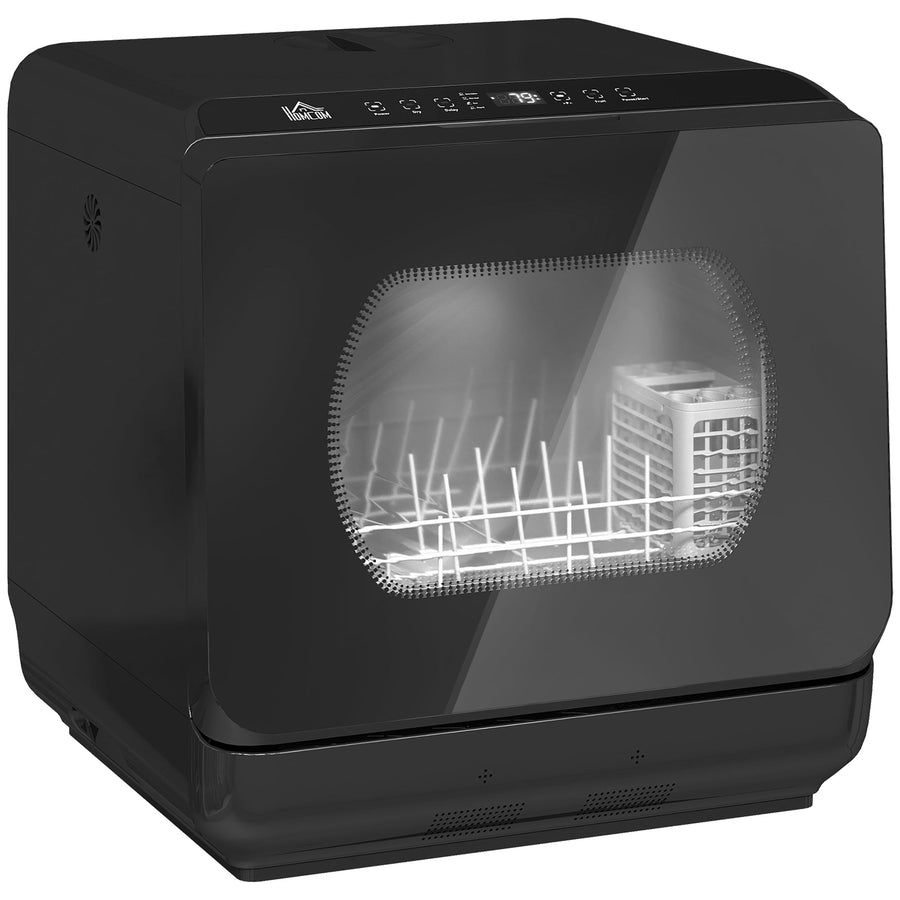 HOMCOM Table Top Dishwasher with Built-in 6L Water Tank in black with a glass front door