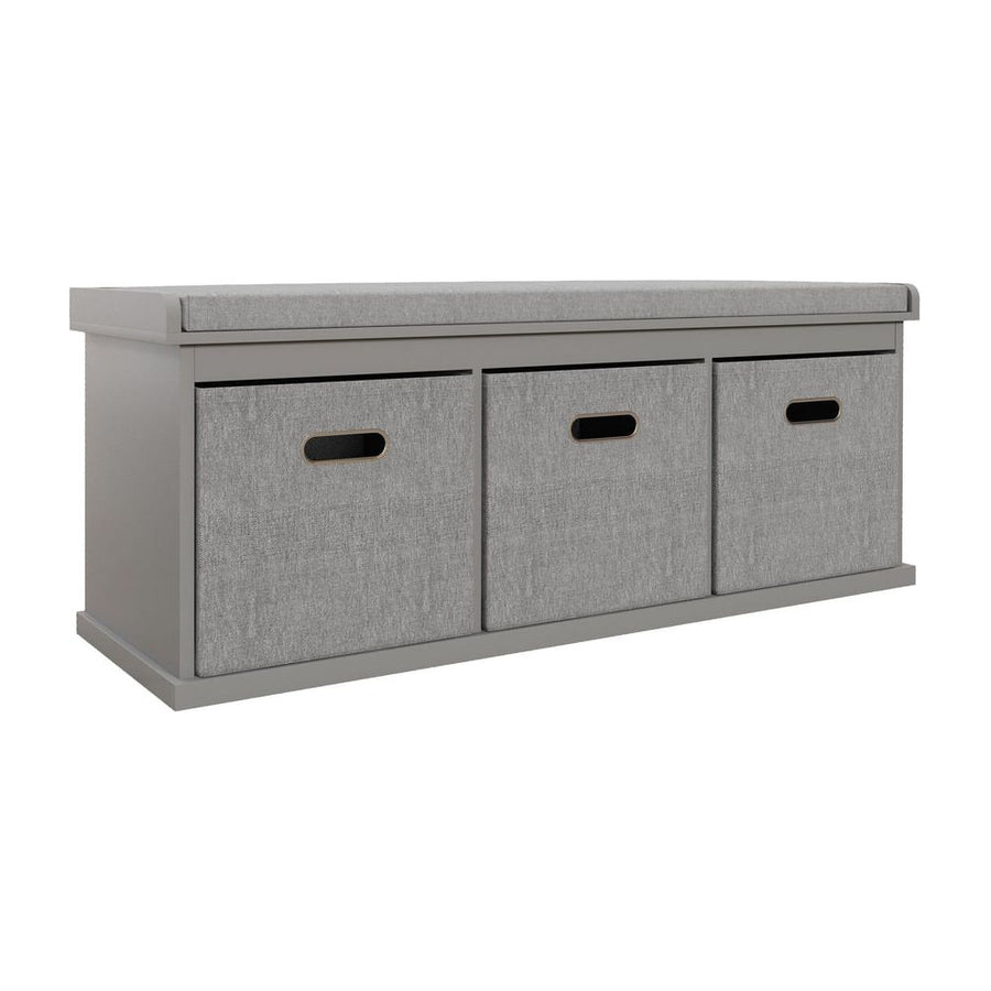 HOMCOM Three-Drawer Shoe Storage Bench with a padded grey top seat and three grey fabric drawers below