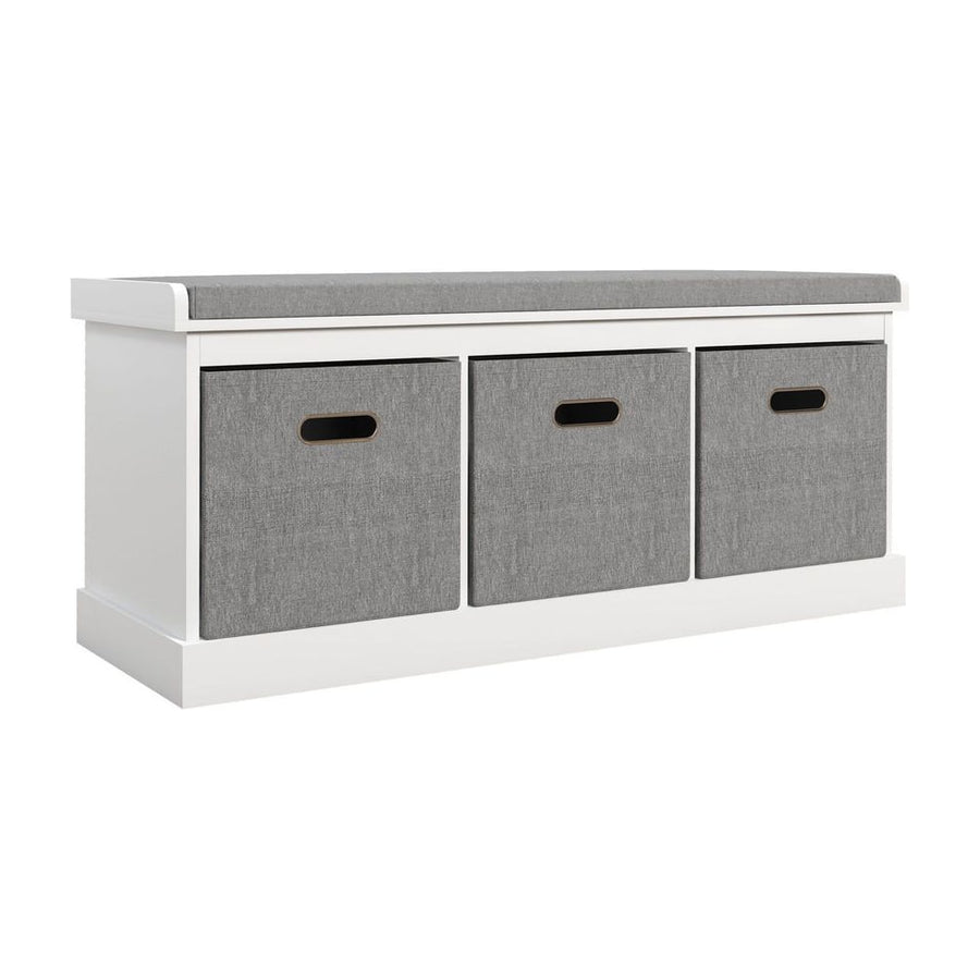 HOMCOM Three-Drawer Shoe Storage Bench in white with a grey padded seat and three fabric drawers