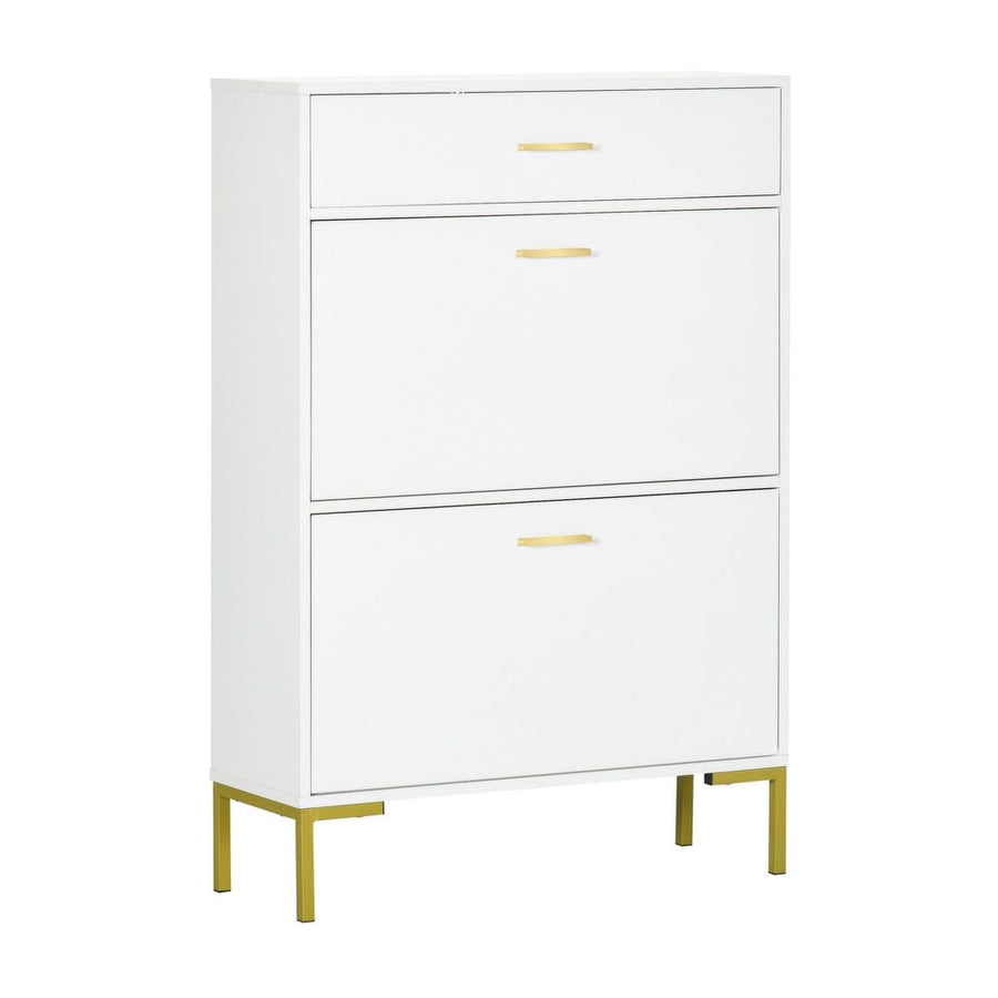 HOMCOM Three Drawer Slim Shoe Storage Cabinet in white with gold handles, shown from the front
