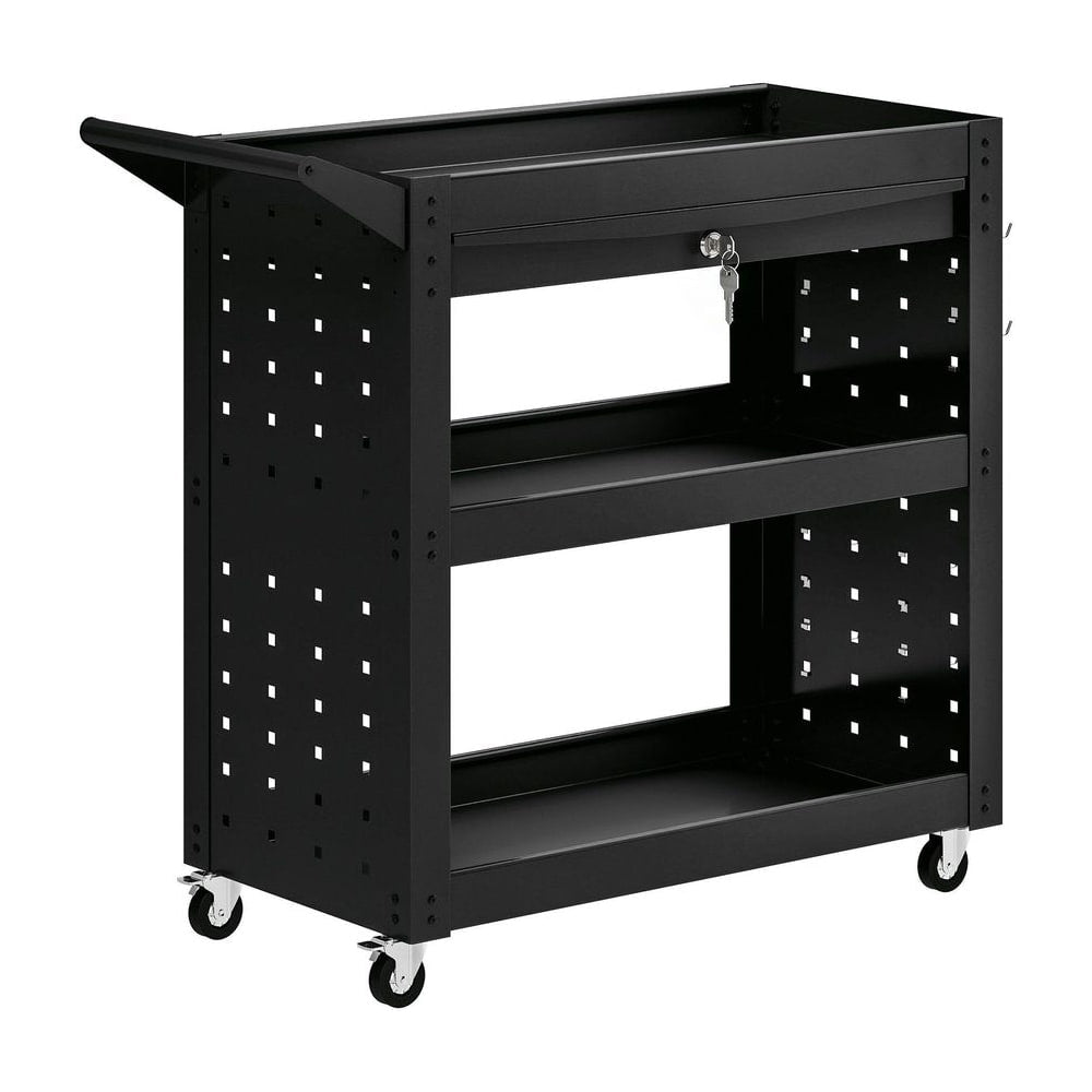 HOMCOM Tool Cart with Lockable Wheels, Rolling Workshop Cart with 3-Tier Trays, Drawer, Pegboards, Black