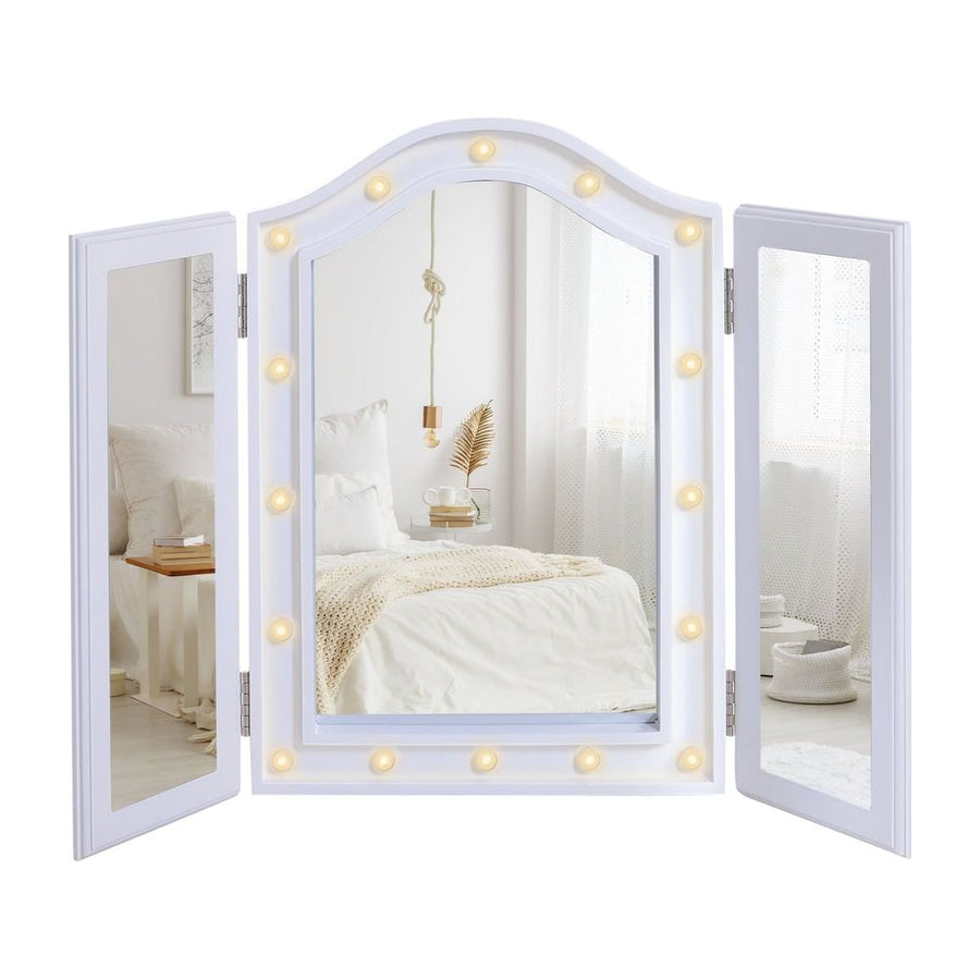 HOMCOM Trifold Freestanding Mirror, Lighted Tabletop Vanity Mirror Large Cosmetic w/16 LED Lights powered by batteries