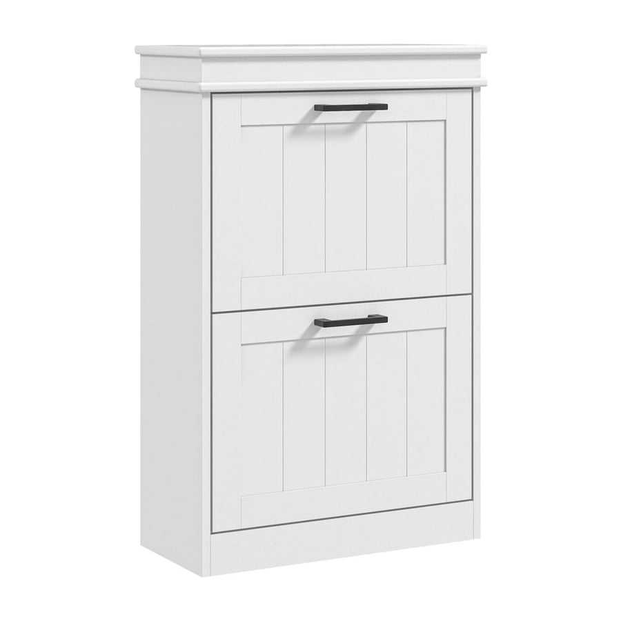 HOMCOM Two-Drawer Minimalistic 10-Shoe Cabinet - white wooden shoe storage unit with two flip-down drawers and black handles