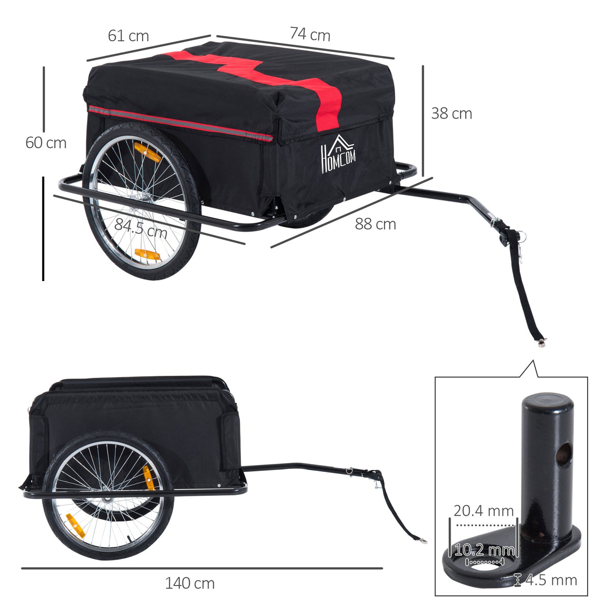 The bicycle cargo trailer with dimensions shown, and a close-up of the hitch