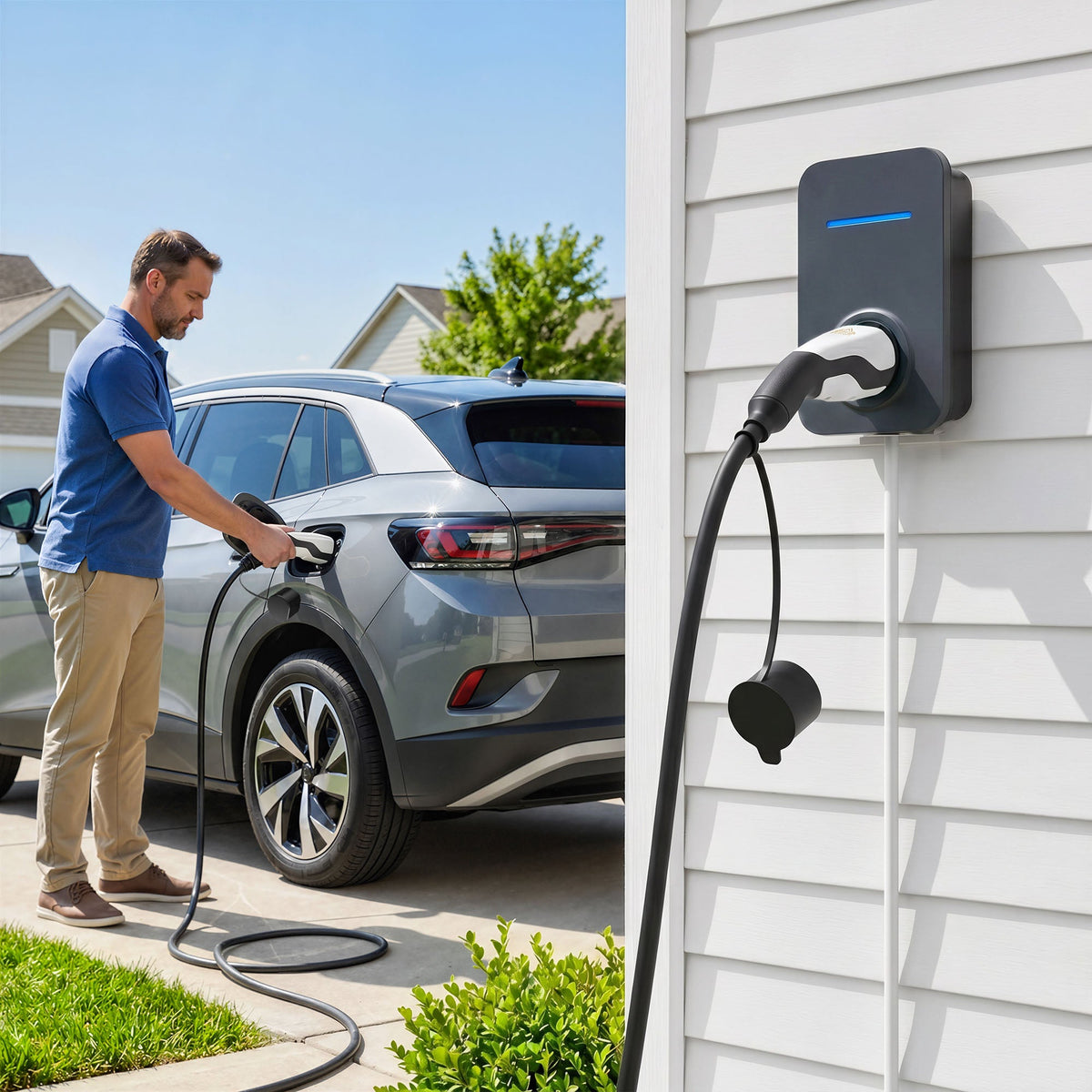 Man plugging the EV charging cable into an electric car next to a charging station