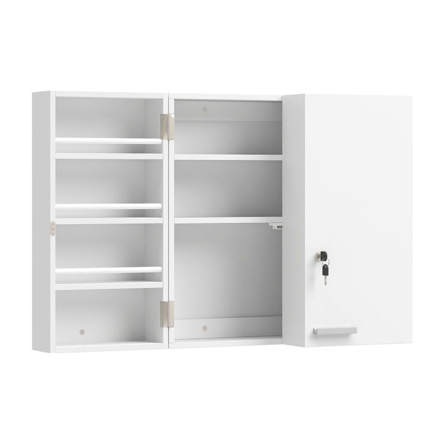 HOMCOM Wall Mount Medicine Cabinet with Key Lock, 3 Tier First Aid Cabinet with 2 Doors and 11 Storage Compartments, White