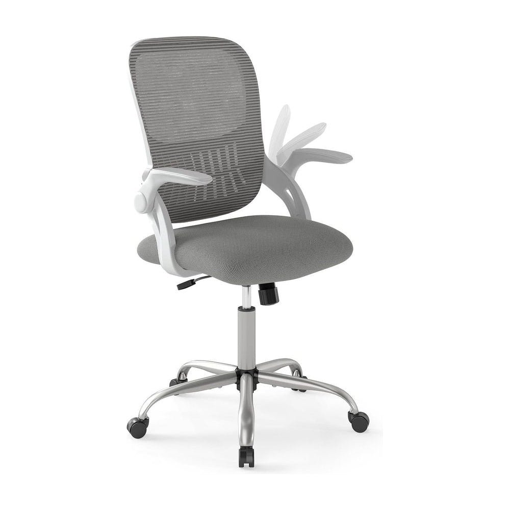 Home Office Chair with grey mesh back and flip up armrests on a white background