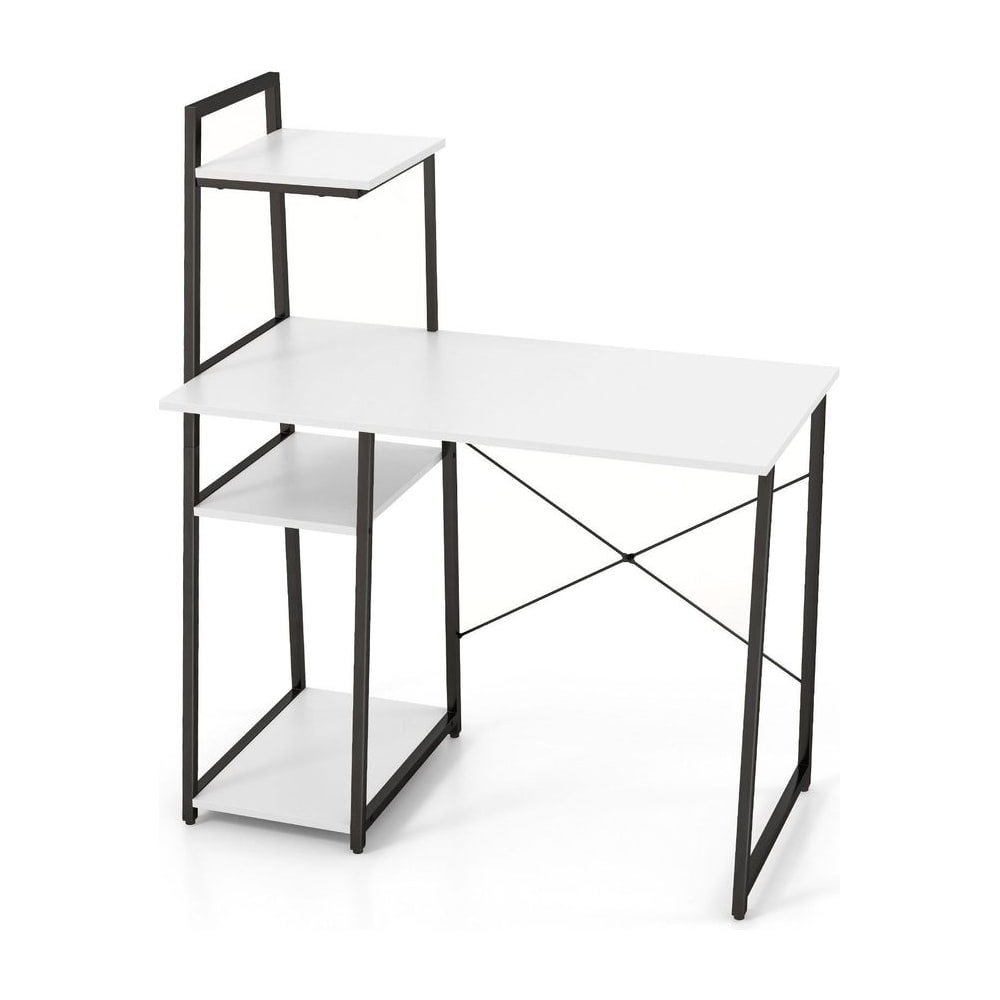 Home Office Desk with Bookshelf and Host Stand in white with a black metal frame