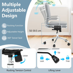The office chair showing the rocking mechanism and height adjustment lever