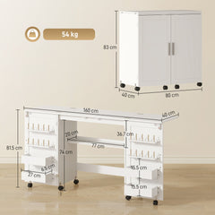 HOMCOM Folding Sewing Table with 2 Magnetic Doors, Storage Shelf, Lockable Wheels, Space Saving, White