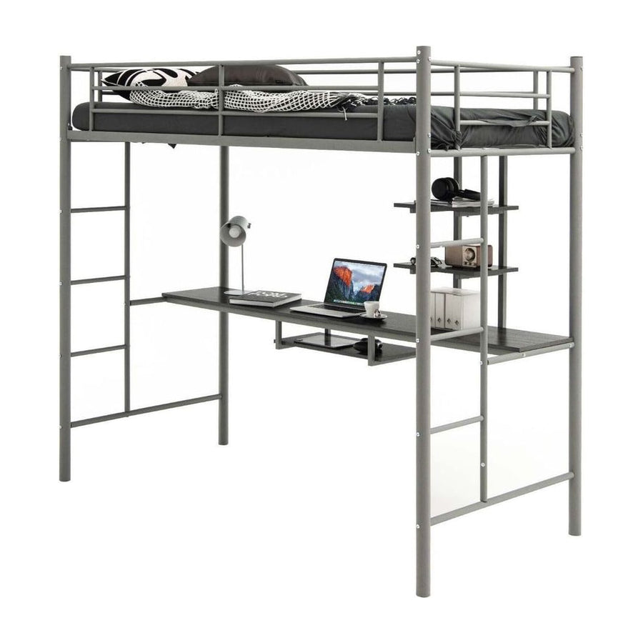 Metal Bunk Bed Frame High Sleeper with Desk and Storage Shelves-Silver